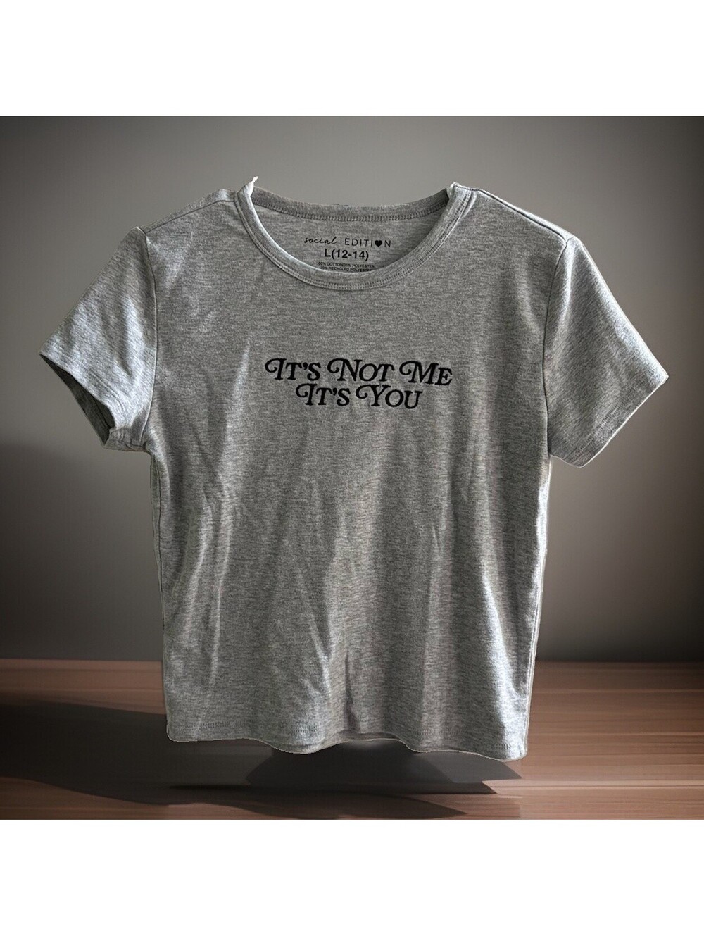 Social Edition Girls L 12-14 Gray Baby Tee It’s Not Me It’s You Embroidered Y2K
